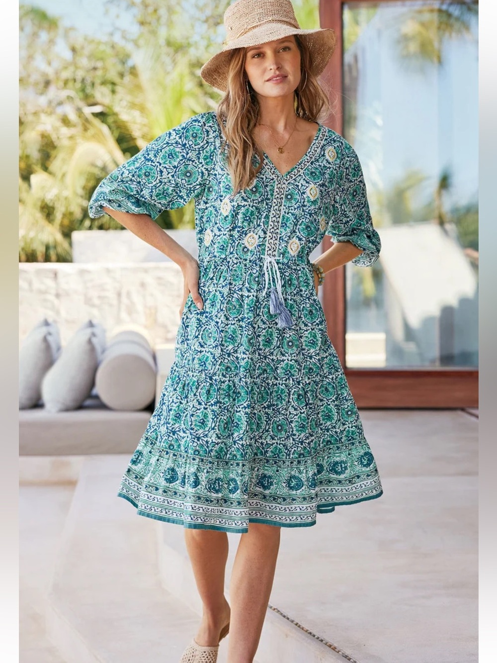 Soft Surroundings Nerissa Cotton Dress Turquoise Floral Tiered V-Neck